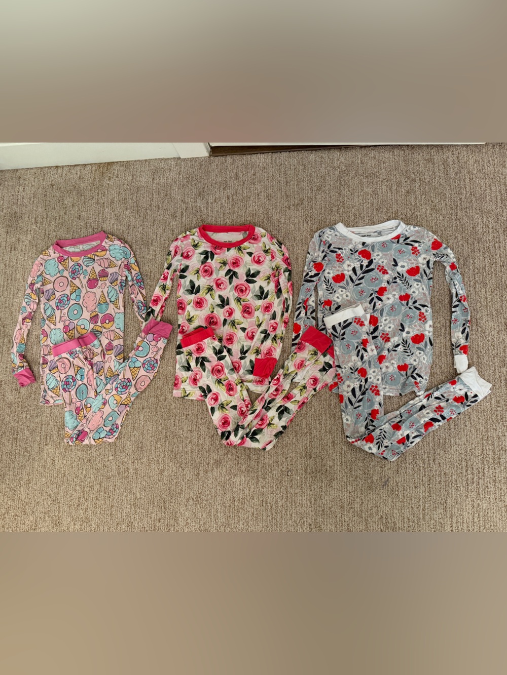 Little Sleepies Girls' Floral & Sweets Pajama Set Trio in Pink, Red, Gray
